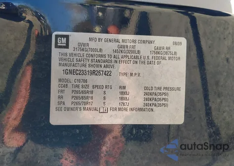 2009 Chevrolet Tahoe Lt2 z USA, uszkodzony, nr VIN 1GNEC23319R267422